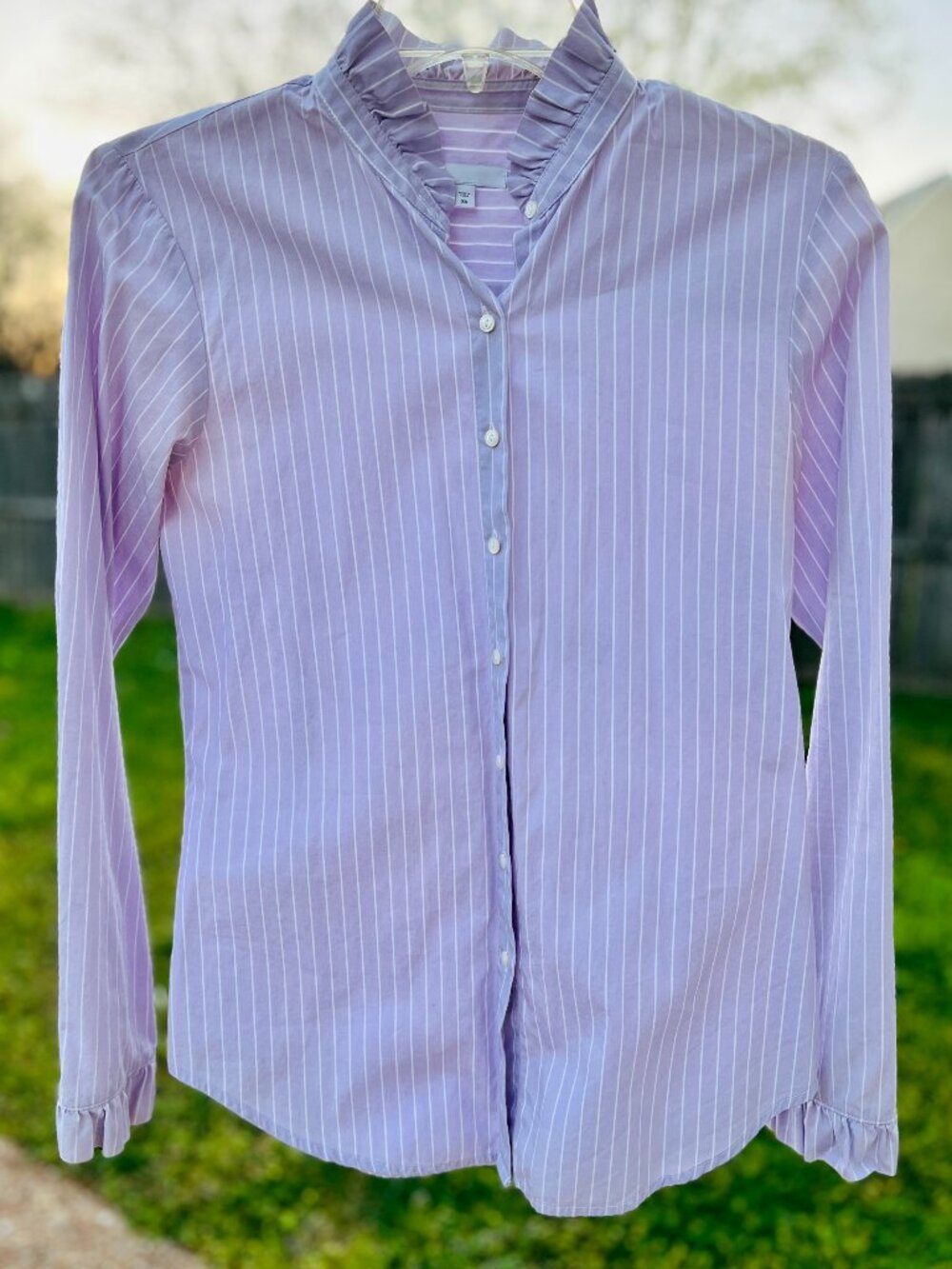 Lavender GAP ruffled collar and sleeve button-up shirt with white stripes